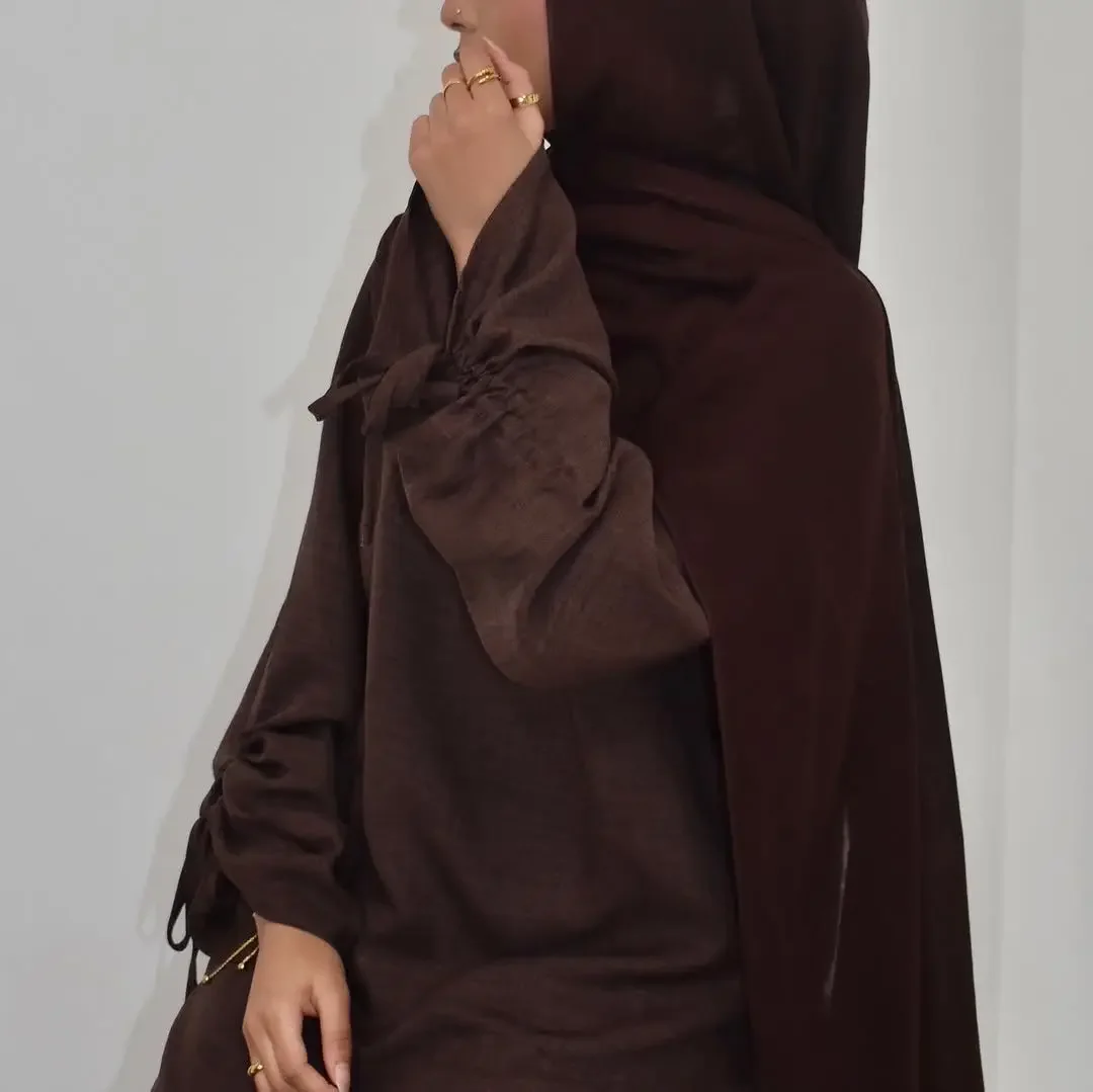 

2025 Ramadan Muslim Women Modest Dress Eid Dubai Plain Abaya Islamic Jalabiya Party Turkey Lace-Up Cuffs Long Robe Kaftan Gown