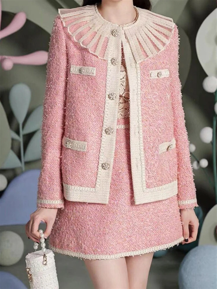 Frau Zwei Stück Set Frauen Winter Kleidung Elegante einreiher Solid Rosa Woolen Mischung Strickjacke Jacke + Hohe Taille rock Set