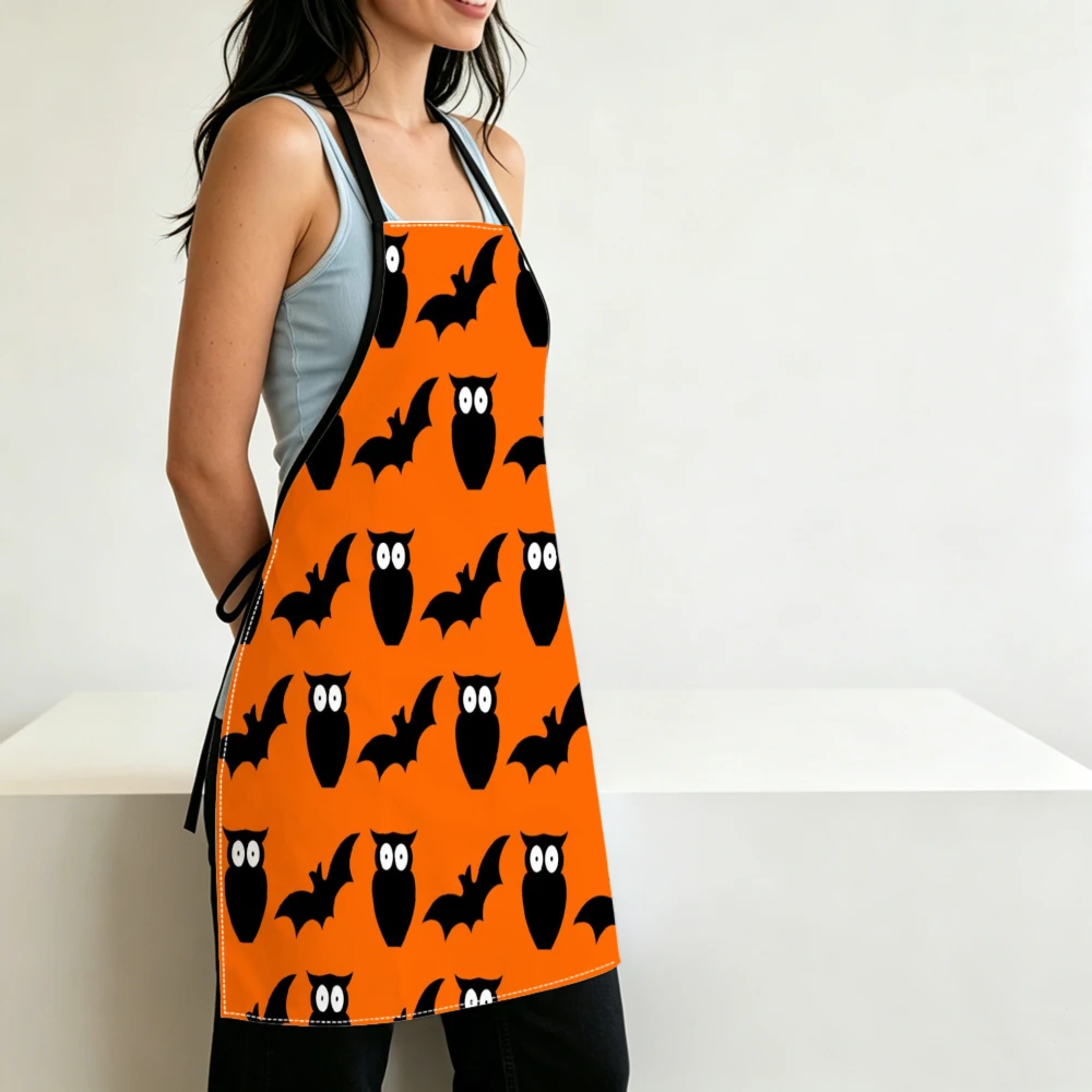 Halloween Style Apron Orange Black Owl Bat Print Kitchen Aprons Cooking Baking Party Adjustable Bibs