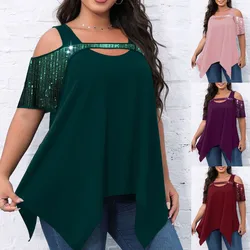 Moda damska seksowne koszule w stylu Vintage lato duża duże koraliki dziura Ruffles koszulki bluzka Top luźna na co dzień z krótkim rękawem topy S-6XL