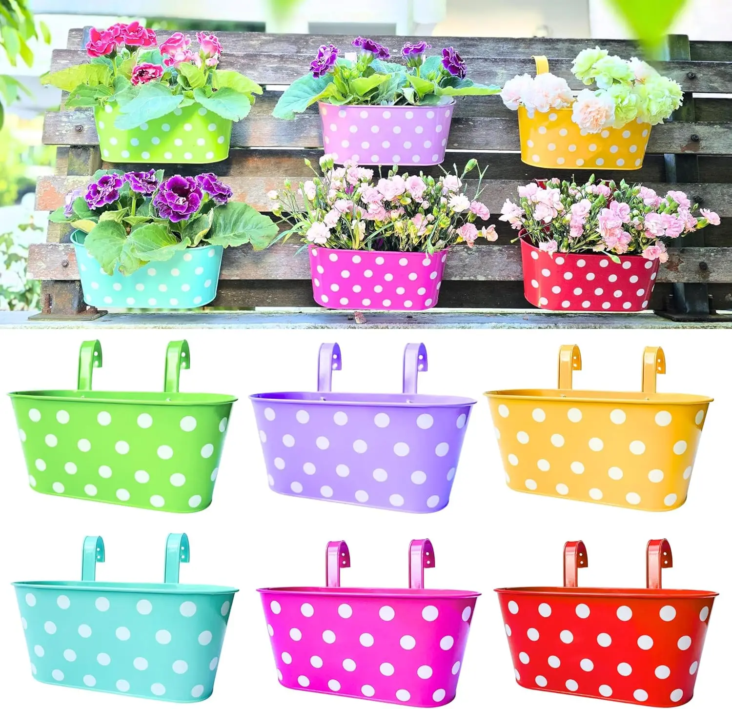 

Большие разноцветные металлические подвесные кашпо (17 дюймов, 6 штук) для наружных перил, заборов и декора веранд