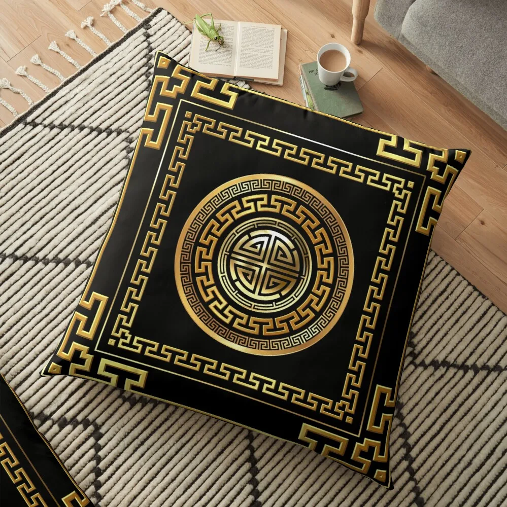 Greek Key Meander Black Gold Large Floor Pillow Covers For Sofas