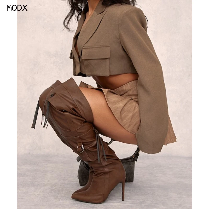 

2025 Women Fashion Tassel Thigh Boots Rivets Studs Belt Boots Woman Fringed Buckle Over The Knee Boots 44