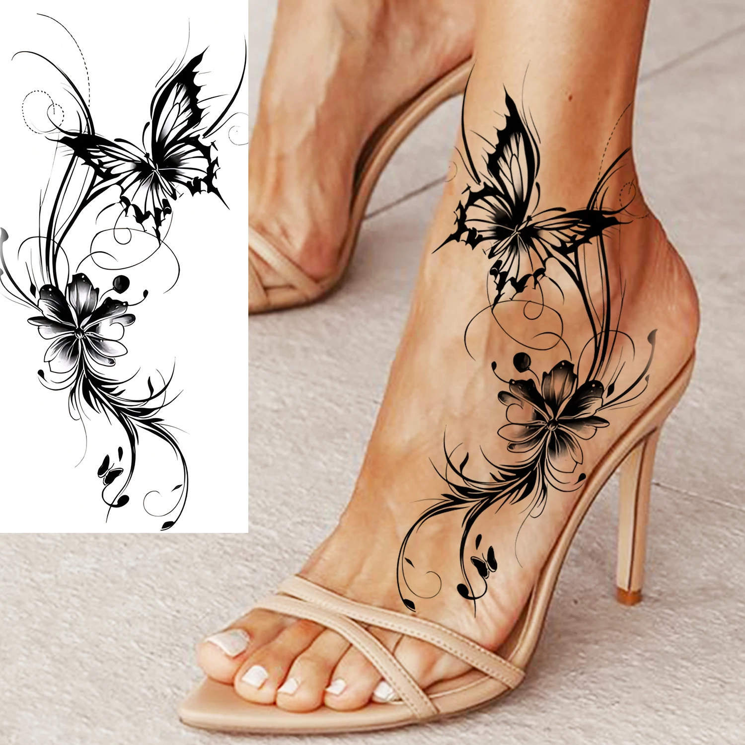 1 Sheet Sexy Flower Butterfly Temporary Tattoo Stickers For Adults Hand Foot, Waterproof Realistic Long Lasting Temp Fake Tatoos