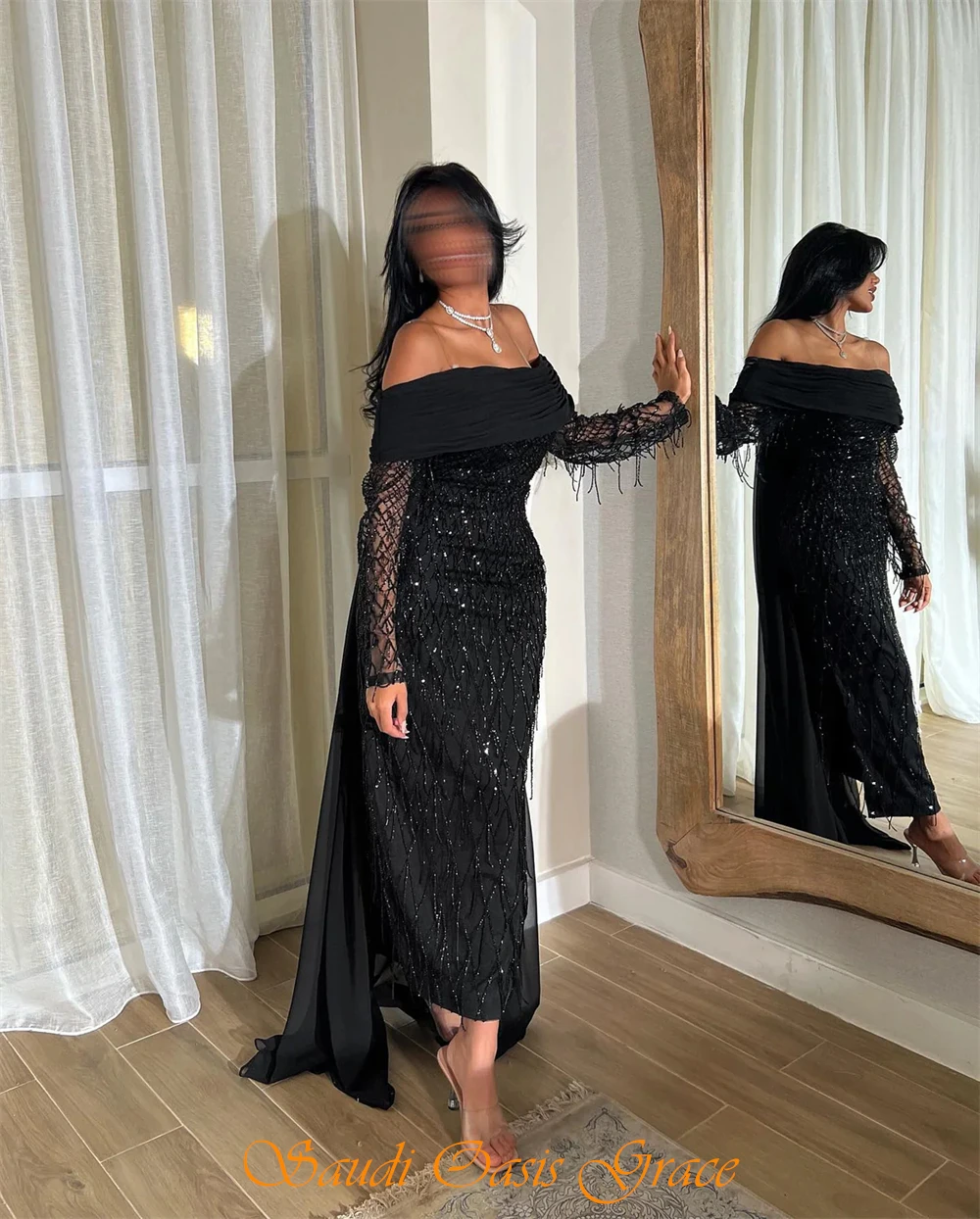 تخصيص بسيط قارب الرقبة جيرسي مساء اللباس بوهو قبالة الكتف طويلة الأكمام فستان الحفلة الراقصة لينة مستقيم شرابة حزب اللباس #4