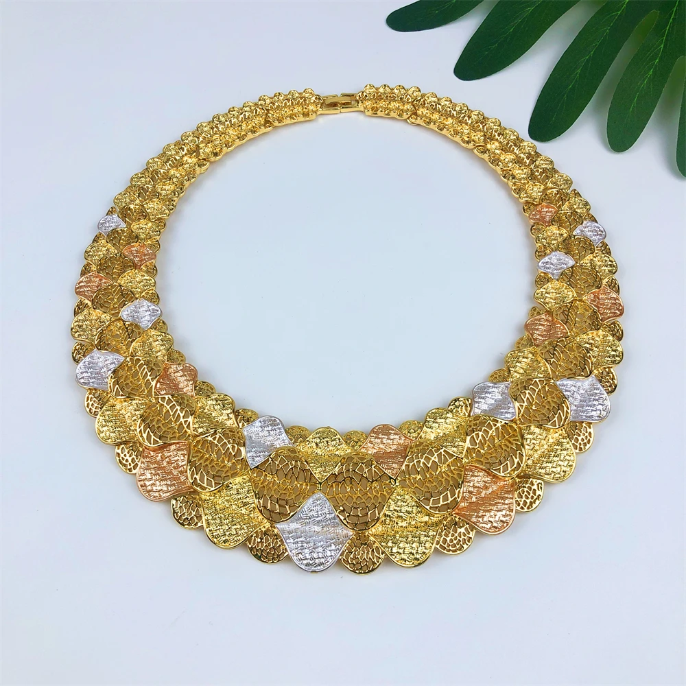 Italy 18k Gold Plated Women Jewelry Set Classic Two Tone Design Round Necklace Earrings Bangle And Ring Full Set Jewelry