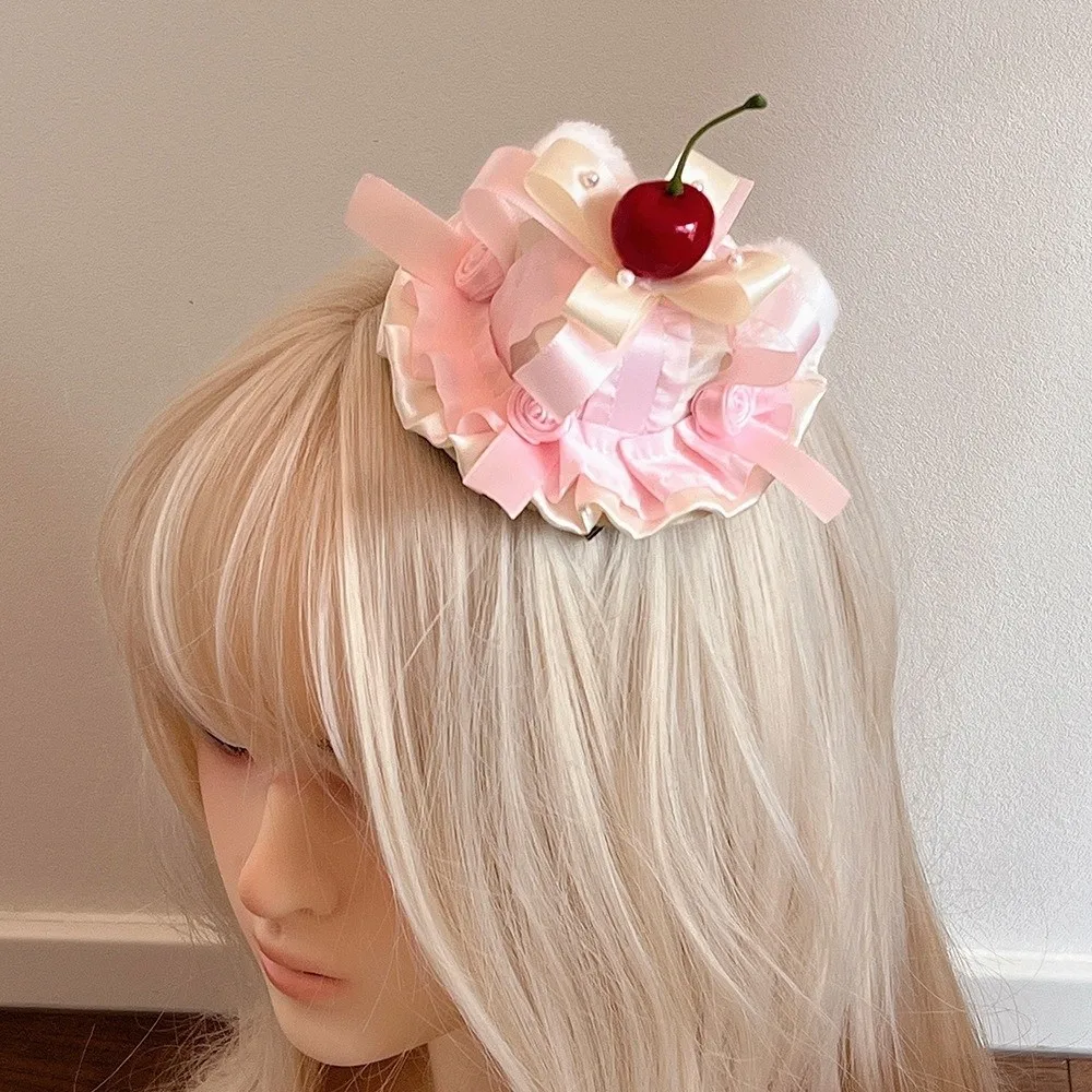 Vintage Cherry Pattern Lace Hair Clip Lace Trim Bow Decor Mini Hat Cream Color Cake Design Lolita Headdress For Women