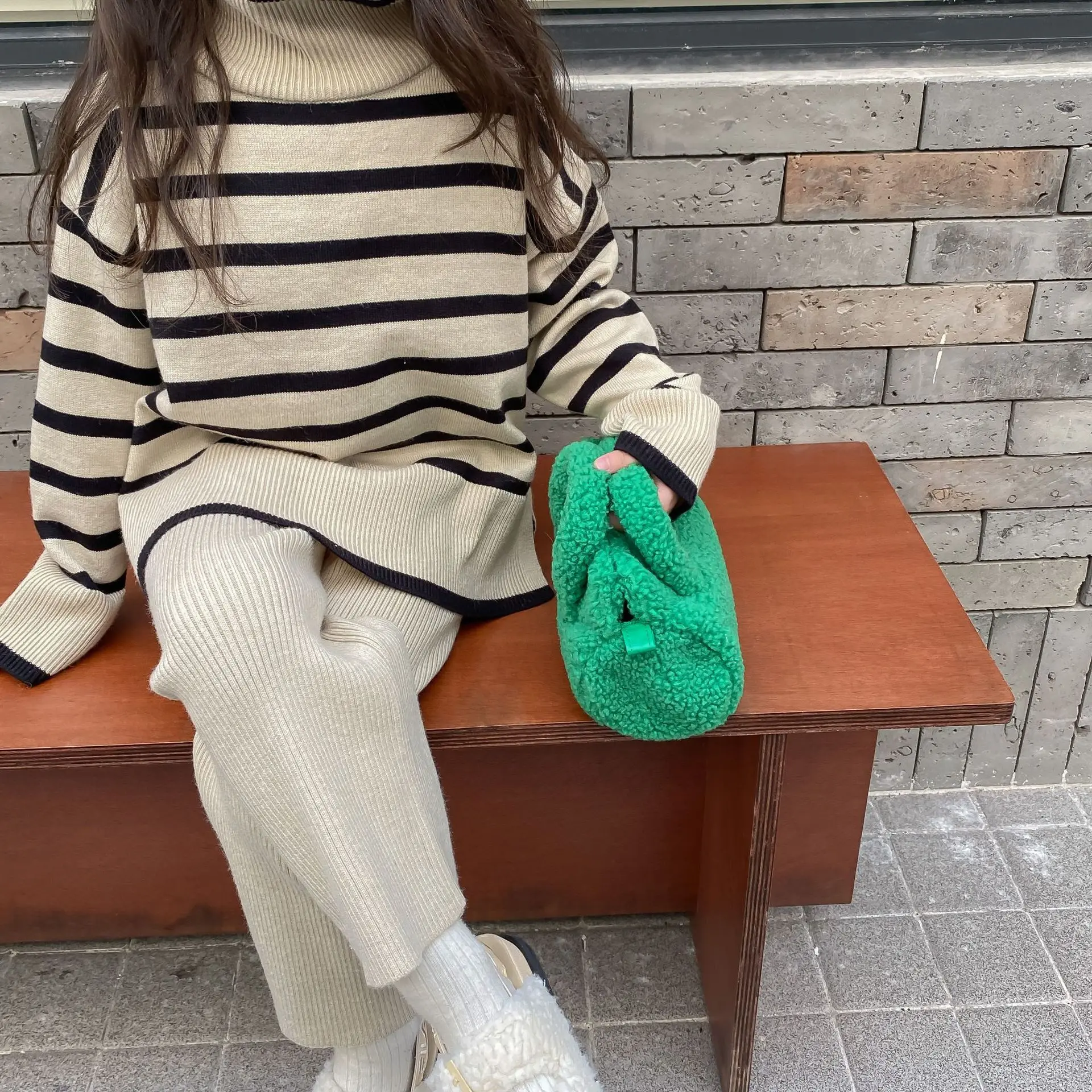 Children Clothing 2022 Autumn Winter New Korean Style Striped Turtleneck Sweater and Wide Leg Pants Casual Simple Set for Girls