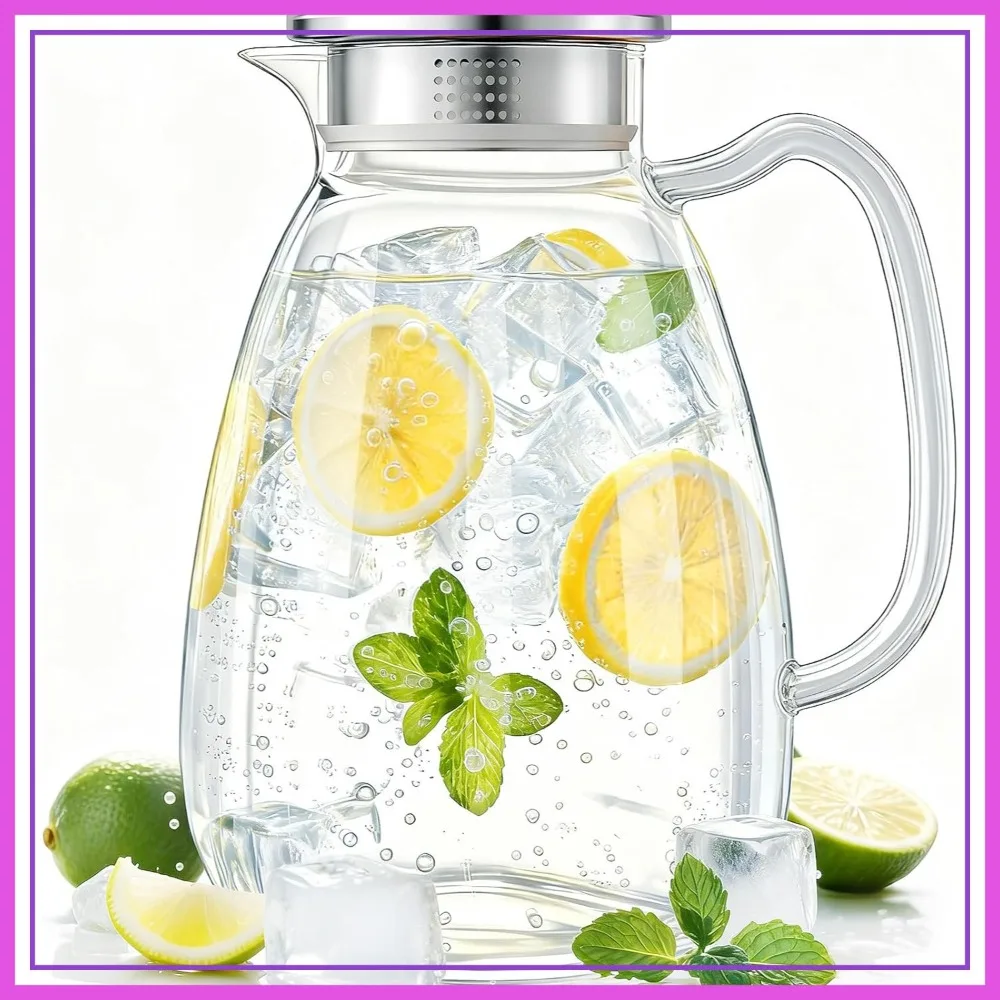 

Glass Pitcher with Lid & Handle, 2.2L Borosilicate Carafe, Dual-Filter Lid for Hot/Cold Drinks