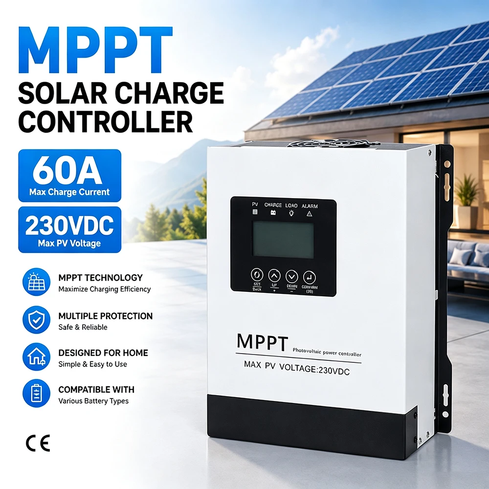 60A MPPT Solar Charge Controller 12V-96V Auto Battery Regulator 230V Max PV Input High Efficiency Solar Panel Controller