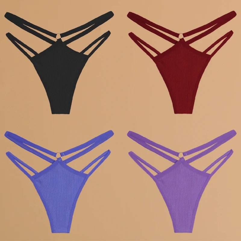 FINETOO 4 Stück Baumwolle Doppel Dünne Gürtel Unterwäsche für Frauen Sexy Niedrige Taille Gestreifte Tangas Damen Soild Höschen Atmungsaktive Dessous