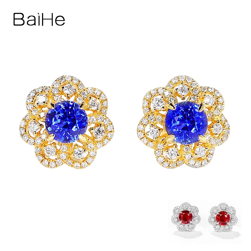 BAIHE Solid 14K White Gold Natural Ruby Sapphire Diamond Flower Stud Earrings Women Wedding Fine Jewelry Making Aretes Ohrringe