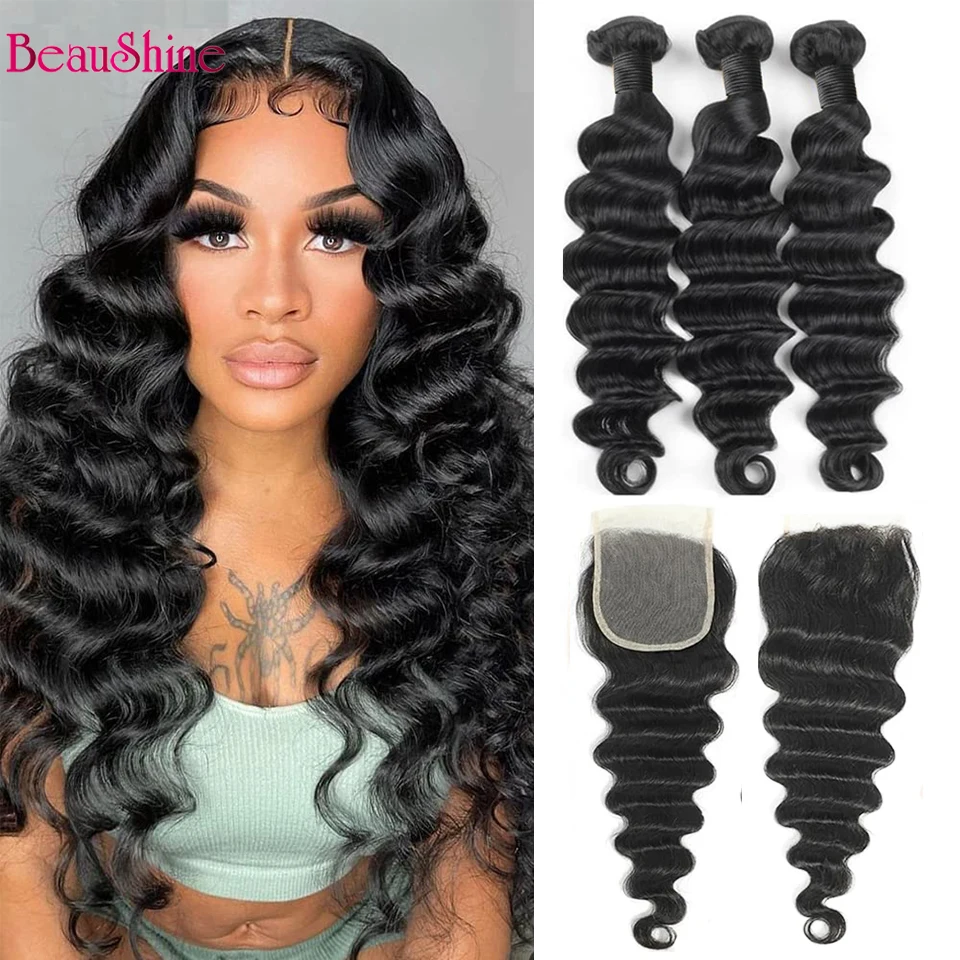 Loose Deep Wave Bundles with Closure 100% Unprocessed Virgin Human Hair Bundles with Closure Loose Deep With 4×4 Lace Closure