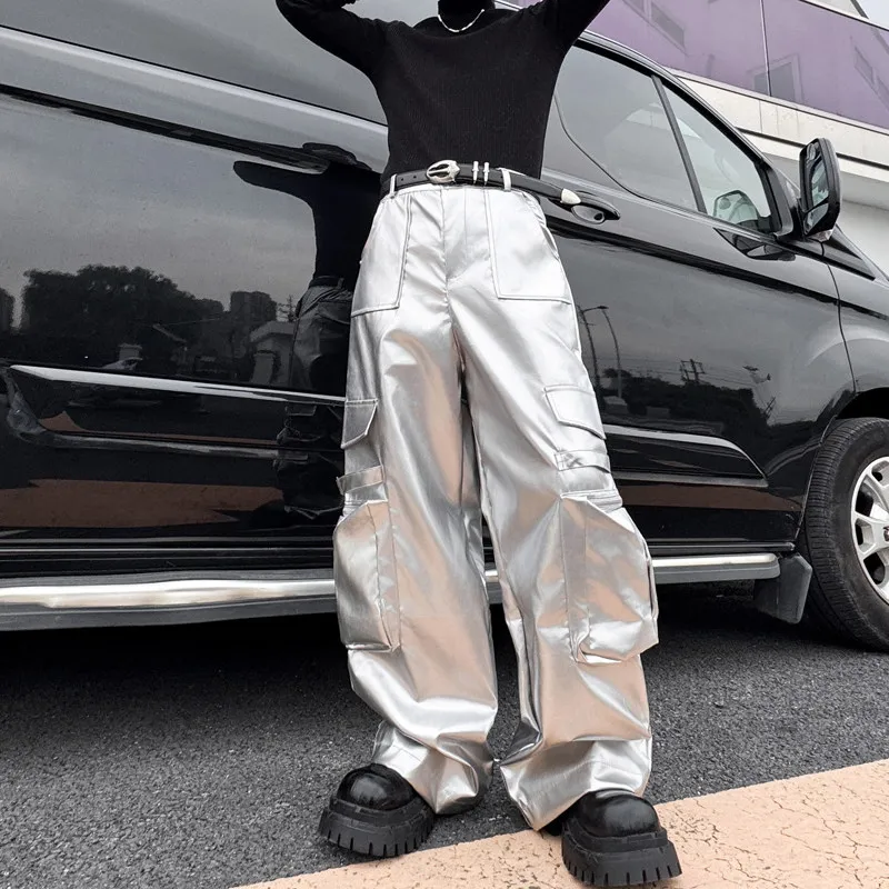 

Серебристые металлизированные брюки с широкими штанинами и большими карманами для мужчин и женщин, для танцевальных выступлений, повседневные, из полиэфирного волокна