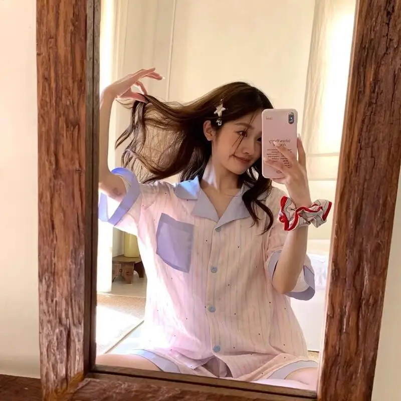 Women's Pajama Set Fashion Homewear Short Sleeve Pajama Set Soft For Women Home Outdoor Wear New Cute Color Block Star Design