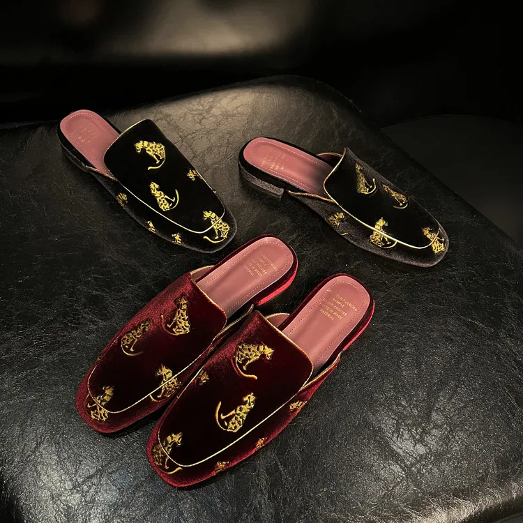 

Vintage Wine Red Velvet Mules Shoes Square Toe Embroider Spring Single Flats Black Leisure Footwear Slippers Design Zapatillas