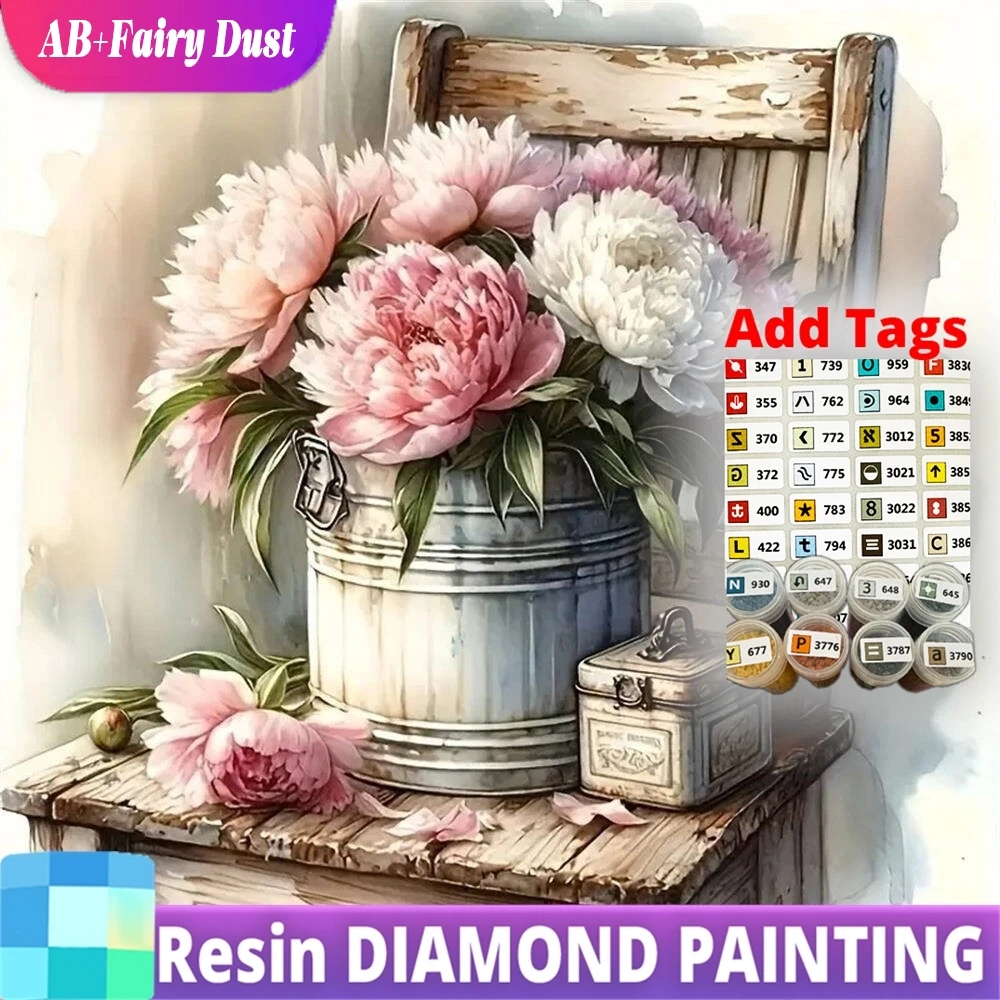 

Resin AB Fairy Dust Diamond Mosaic Peony Flower Pattern For Adults Beginners Painting Chair DIY Embroidery Barrel Holiday Gifts
