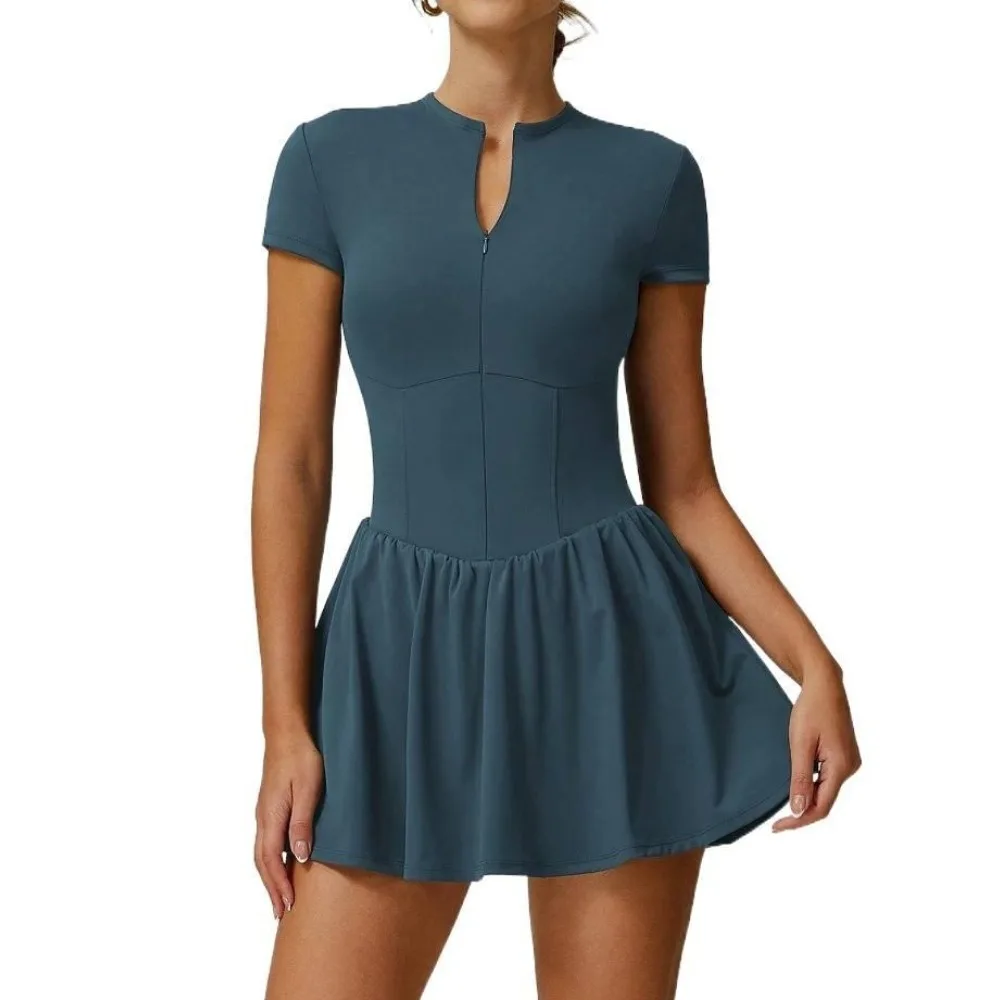 Women's Sports Dress Long Sleeve Tennis Golf Front Zip Built-In Shorts Yoga Wear Running Gym Fitness Workout Activewear Skort