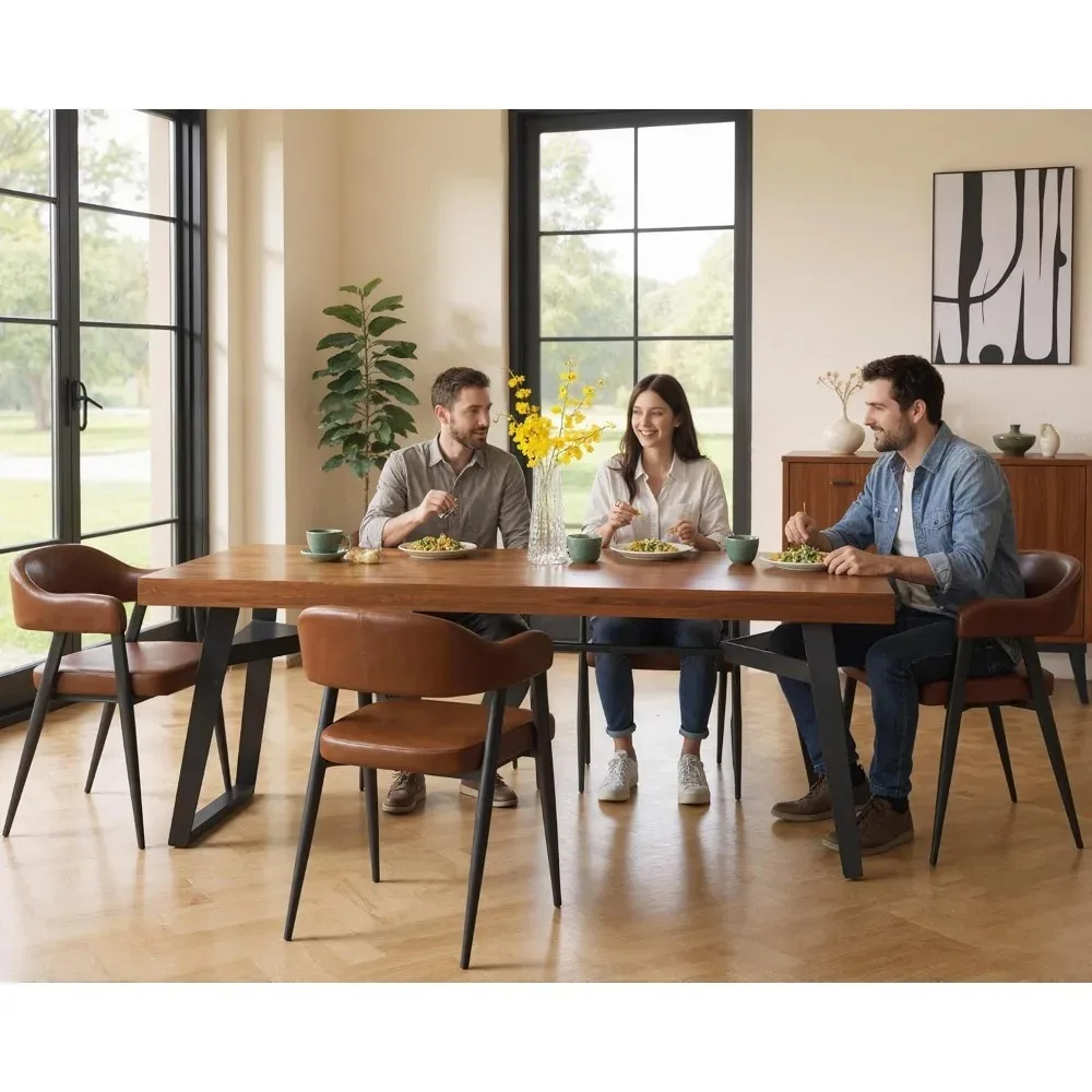 مجموعة كراسي بذراعين لغرفة الطعام الحديثة مكونة من 2، كراسي طعام منجدة من الجلد الصناعي القديم مع أذرع لهجة بنية في منتصف القرن #5