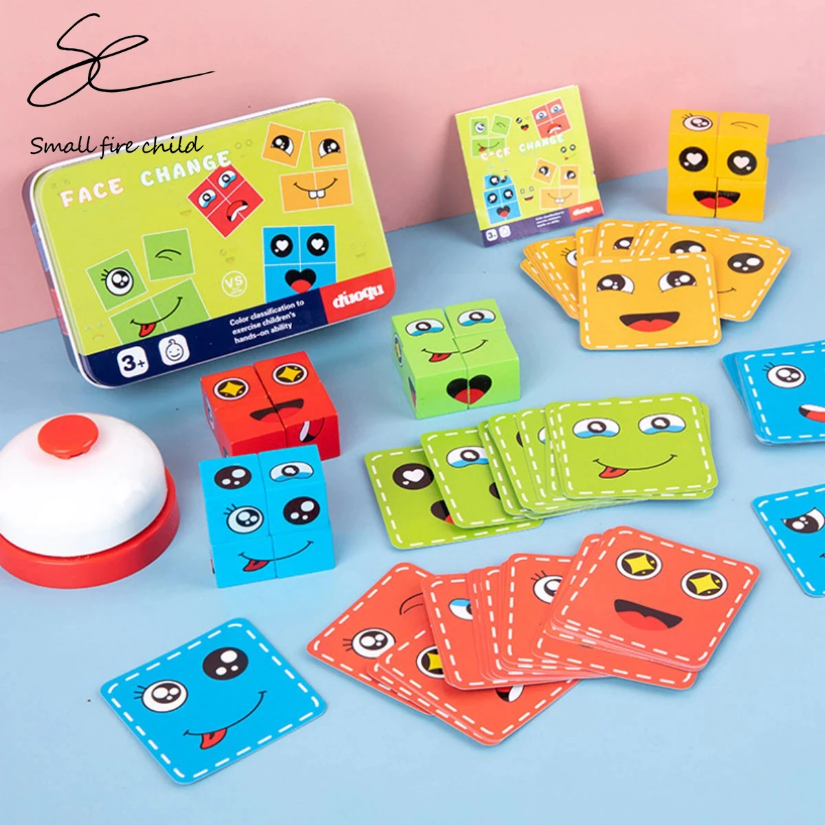 Toy 64 pcs Cards of Emoticon Puzzle Face Change Cubes Wooden Toys Building Blocks Educational Game