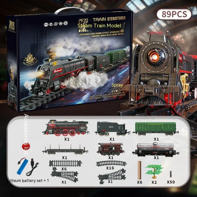 Retro Steam Train Track Suit simulazione Electric Spray Light Small Train Model Boy Gift Train Toy