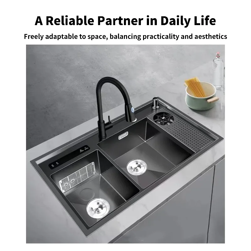 Handmade 304 Stainless Steel Smart Kitchen Sink-6-in-1 Ultrasonic Vegetable Washer Cup & Dish Cleaner Single Bowl for Home Hotel