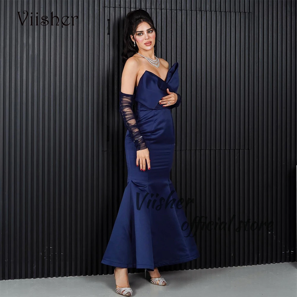 

Viisher Navy Blue Satin Mermaid Prom Dresses with Sleeve Sweetheart Arabian Dubai Evening Party Dress Ankle Length Formal Gown