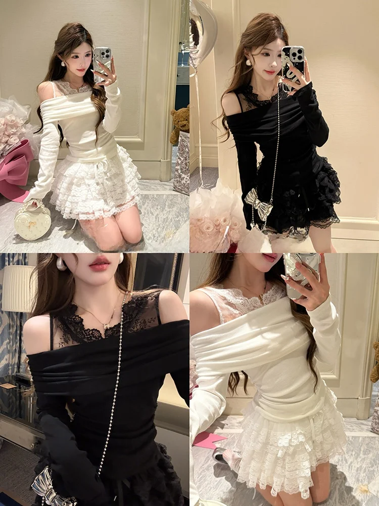 

Pure Color Lace ter Ne Slim Fit Base irt Little Zhao Design Sense Slimming Small irt Women's T-irt Cute Sle