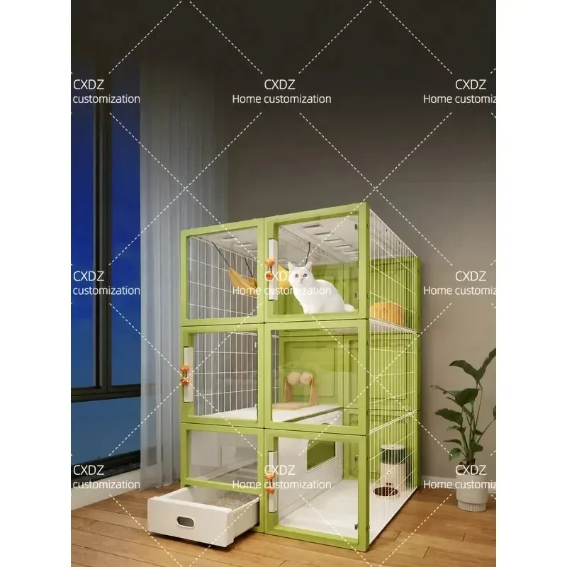 Large Indoor Cat Cage Villa with Integrated Litter Box Transparent Cat House Cabinet Free Space Pet Nest for Household Use