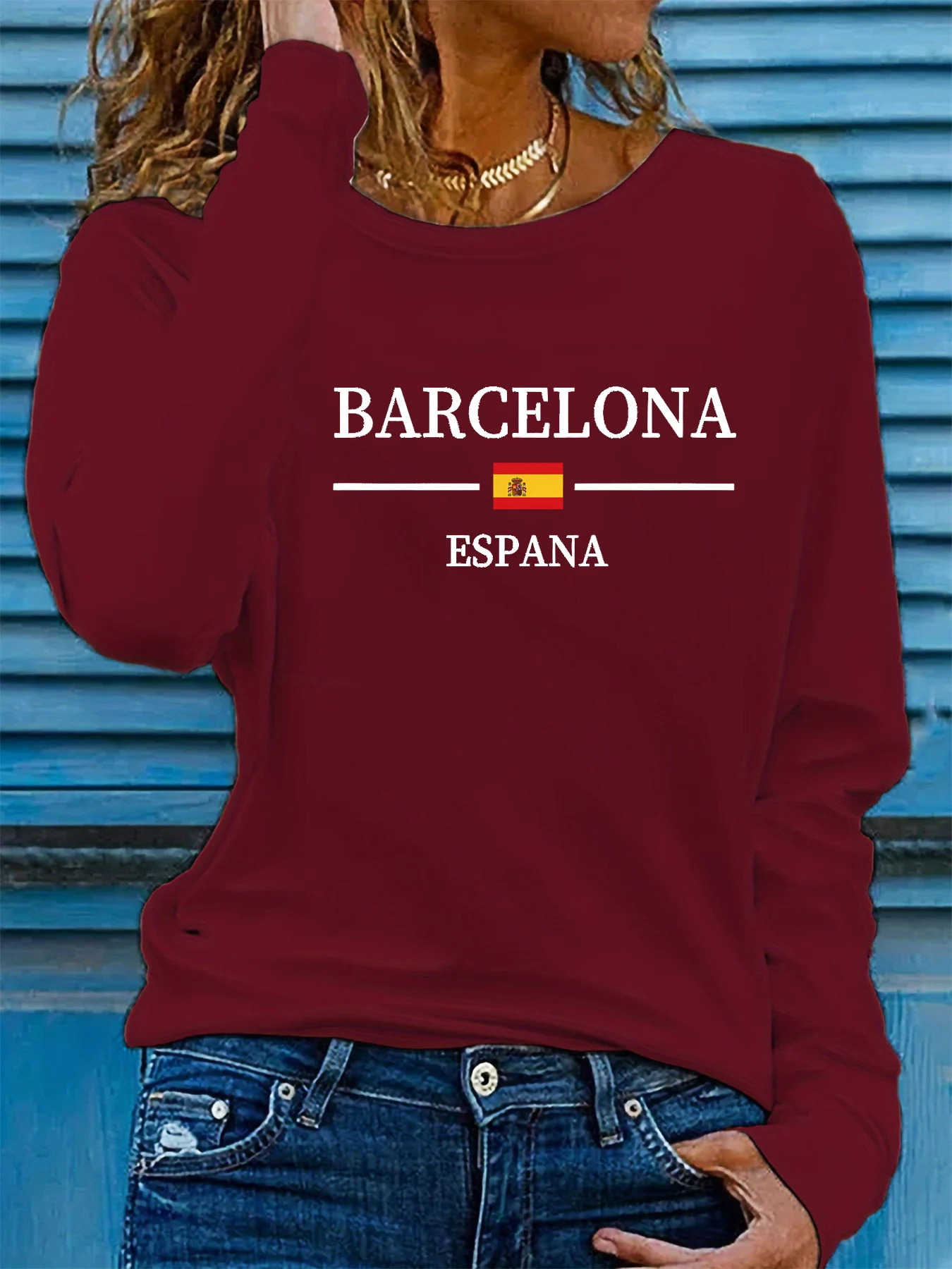 

100% pure cotton women's spring and autumn comfortable casual long sleeved Barcelona Spanish graphic printed round neck T-shirt