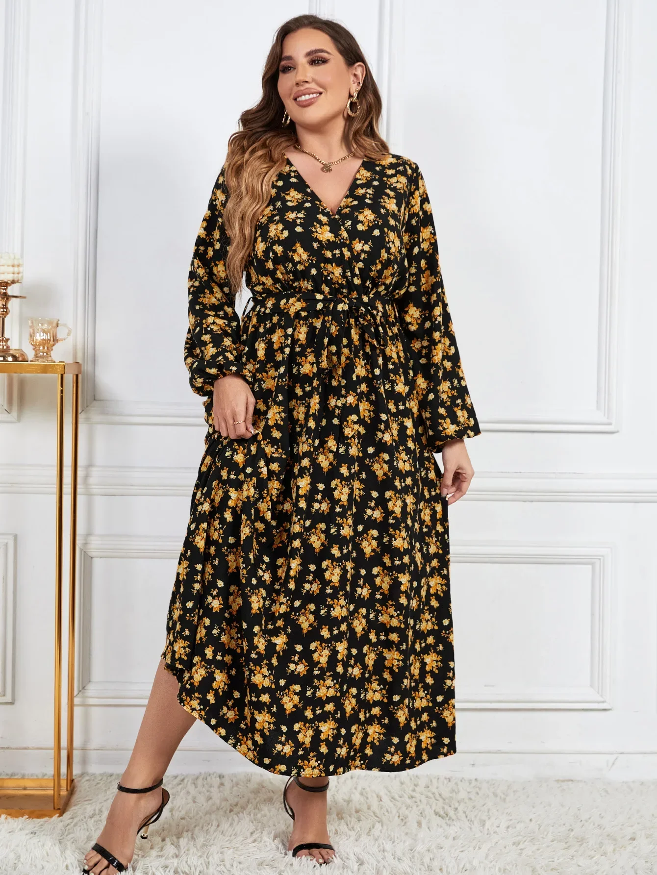 Plus Size Wrap V Neck Women\'s Long Sleeve Dress Drawstring Waist Belt Robe Floral Print Female Autumn Fall Elegant Clothing