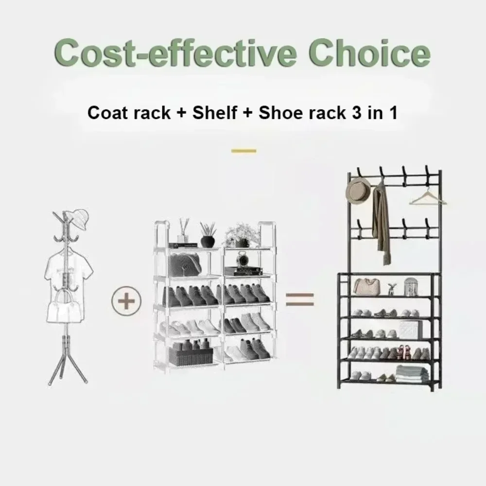 Clothes Hanger Multi-Layer Shoe Rack Diy Assemble Cloth Storage With Hooks Sneakers Organizer Shelf Floor Standing Coat Racks