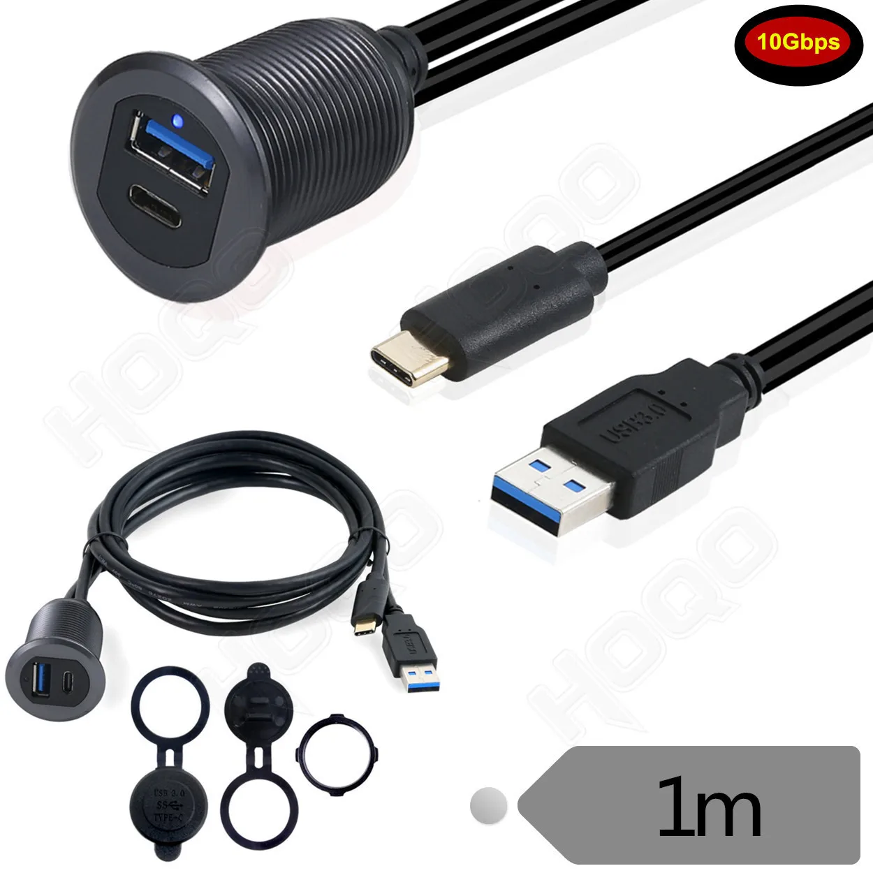 Waterproof USB 3.1 Adapter, USB&Type-C USB3.0 Extension Cable Flush Mount Car Boat Mount Extension for Dashboard Panel
