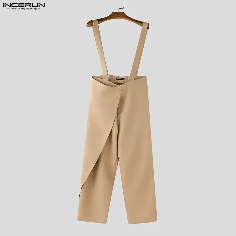 INCERUN Men Jumpsuits Solid Color Loose Casual Sleeveless Straps Rompers Streetwear 2026 Fashion Male Irregular Overalls Pants