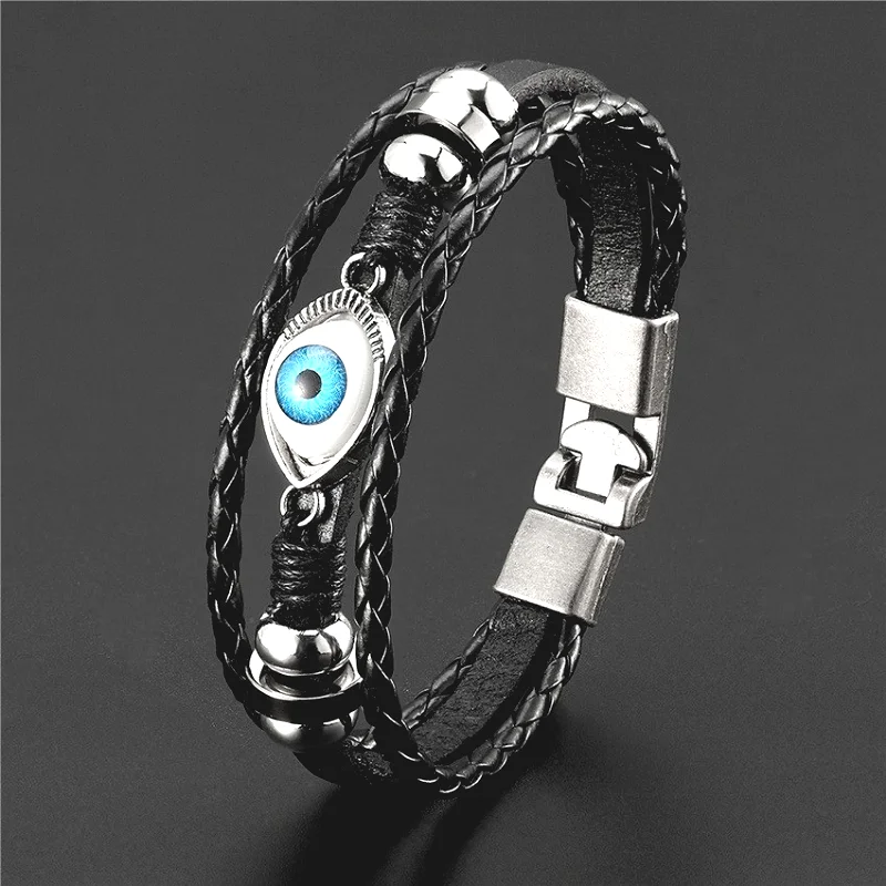Hell Devil Eye Design Multilayer Handmade Wove Leather Bracelet Vintage Men Hip Hop Fashion Hand Chian Jewelry Accessory Gift