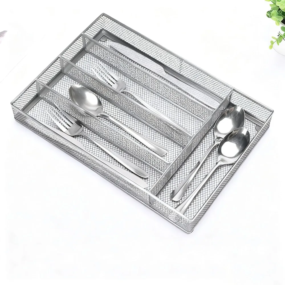Sturdy 5 Compartments Drawer Organizer Carbon Steel Silver Cutlery Tray Flatware Storage Divider For Stationery