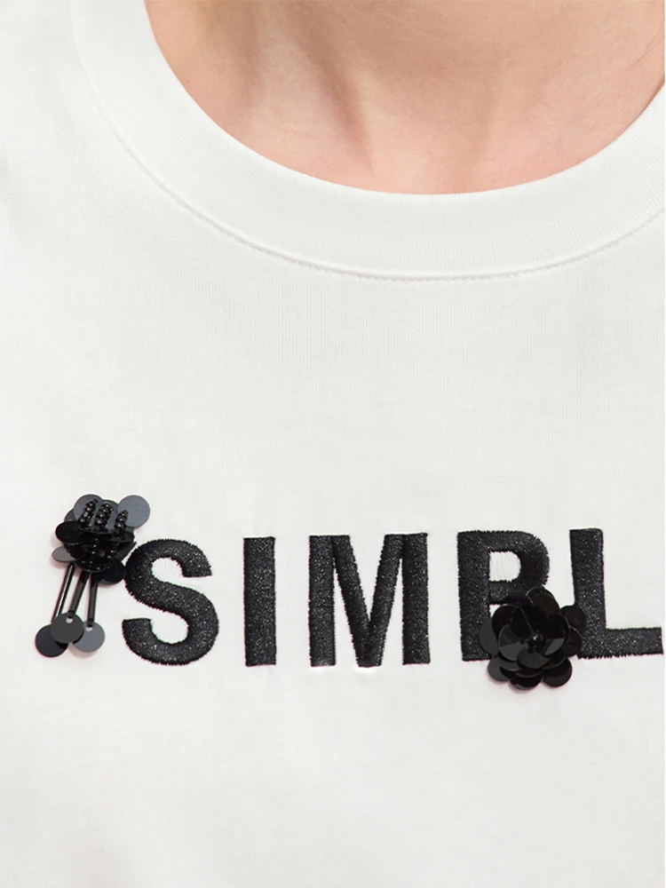 Amii Minimalism 2024 Summer New Basics Drop Sleeve T-Shirts Loose Letters Embroidery Studded Flowers T-shirt For Women 12442059