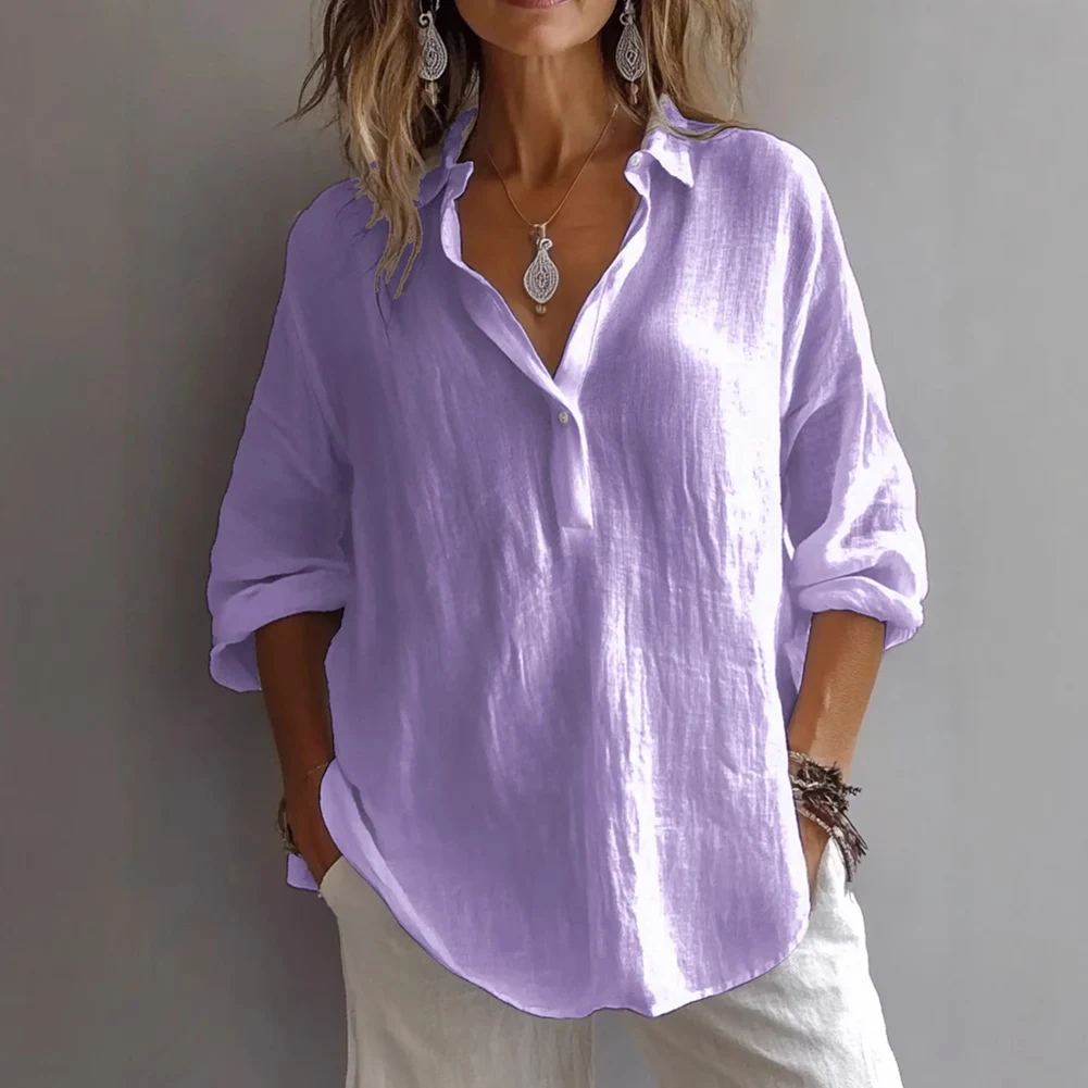 Women Casual Loose Long Sleeved Shirt Casual Ladies Linen V-neck Blouse Top Fashion Women's Clothes New