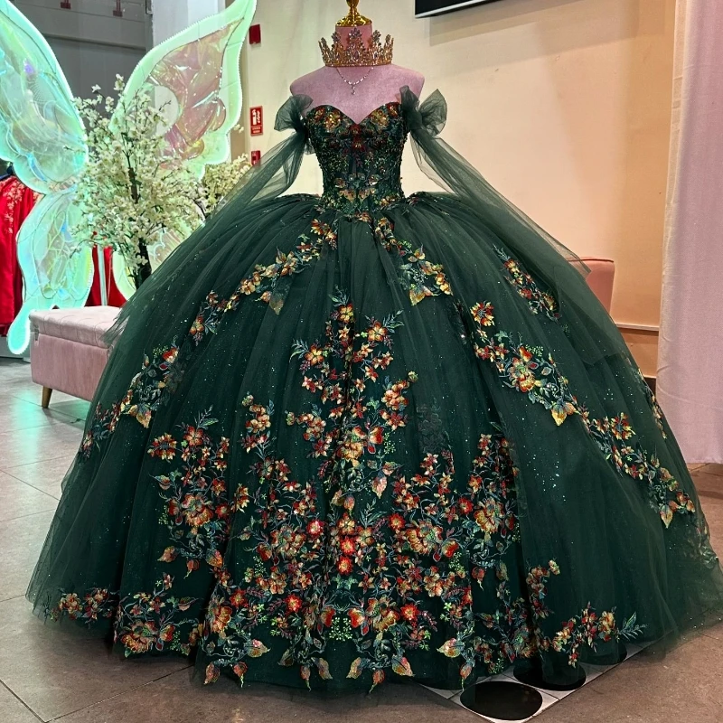 Blackish Green Shiny Quinceanera Dresses Off Shoulder Vestidos De 15 Años Sequin Applique Beads Tull Birthday Party Sweet