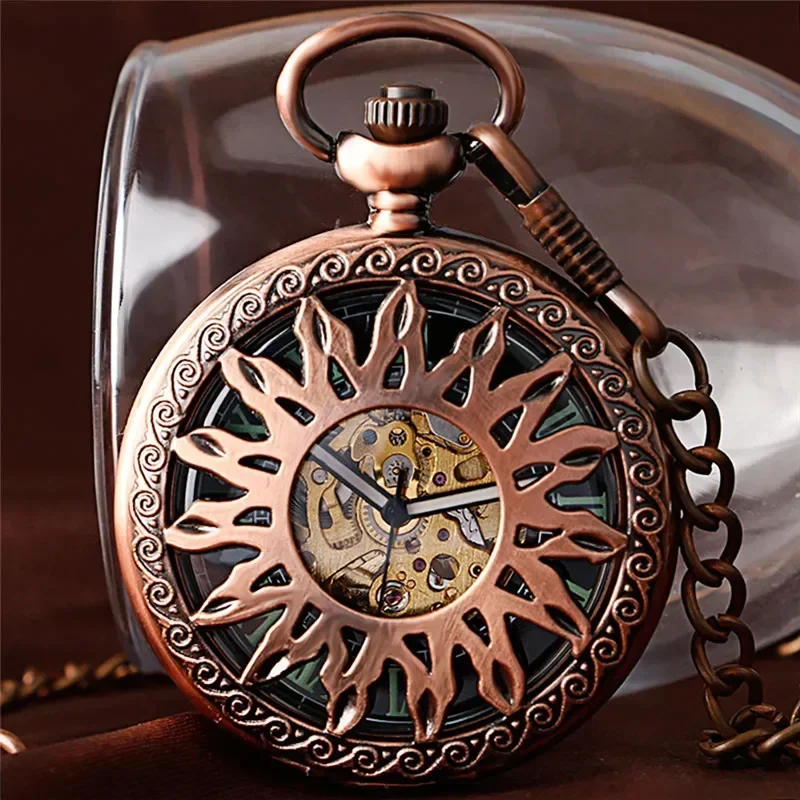 Red Copper Hollow Out Case Unisex Automatic Mechanical Pocket Watch Sunflower Design Roman Number Dial Pendant Chain Clock Gift