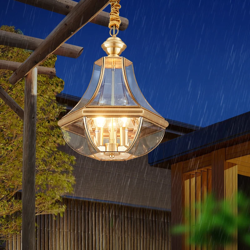 All-copper outdoor chandelier, gate, aisle, foyer, balcony, super bright garden light, outdoor waterproof pavilion, sun room lam