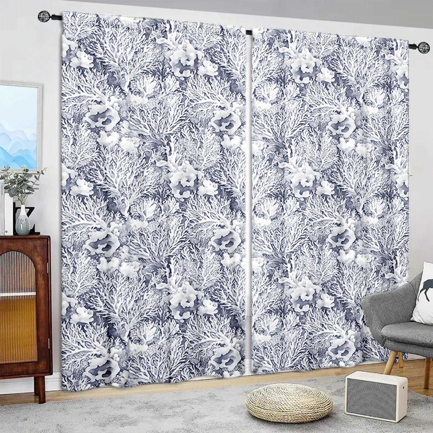 

2pc White Background Coral Cluster Printed Curtains - Set for Children's Home Decor in Living Room, Bedroom