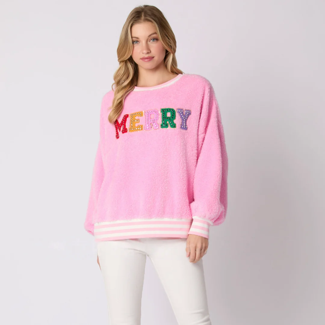 Pink Christmas MARRY Letter Sweater Rhinestone Long-sleeved Pullover Hoodie Round-neck Top Clothing Home Wear Gifts for Women