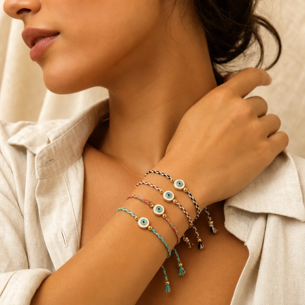 4pcs Colorful Braided Cord Bracelet with Round Copper Charm Tassel Ends Adjustable Boho Rope Bracelet for Women Beach Style