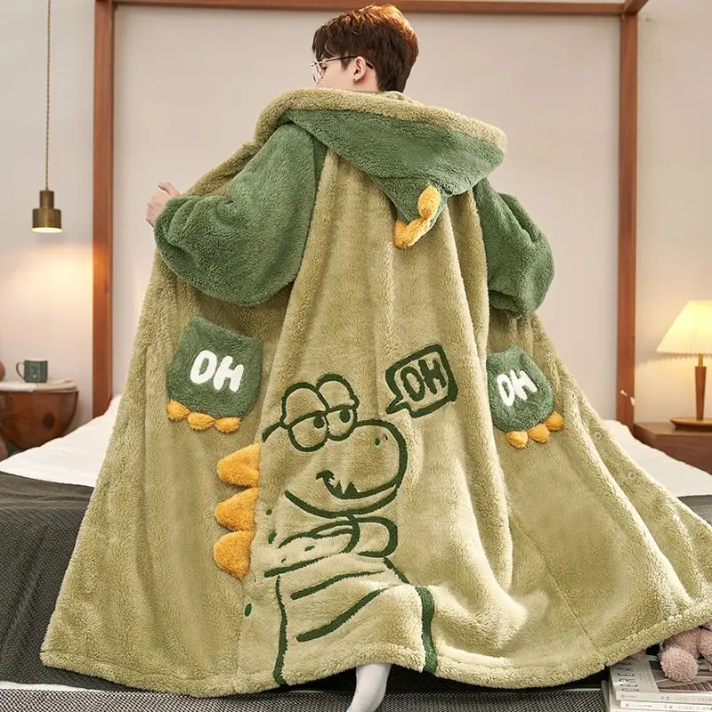 Funny Cute Dinosaur Pattern Men Winter Thick Coral Hooded Robe Set Warm Fluffy Sleepwear Plush Home Loungewear with Pants