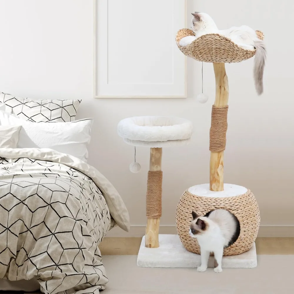 

Cat Tree Tower for Indoor Cats, Modern Real Wood Cat Condo with Scratching Post, Jumping Platforms,
