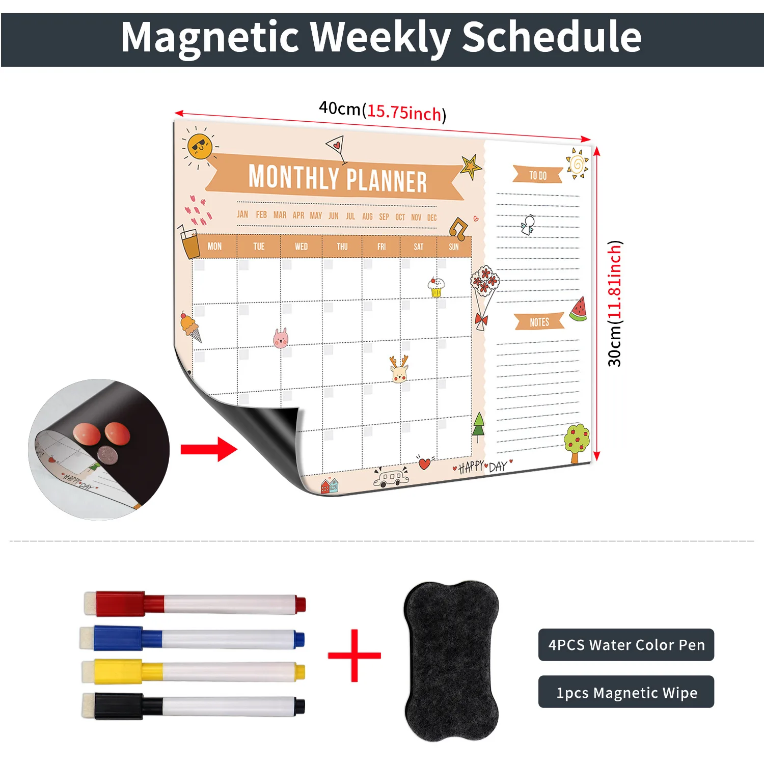 Magnetic Dry Erase Board 30x40cm with Marker Eraser Self-Adhesive for Refrigerator Office Planner Schedule Kitchen Memo