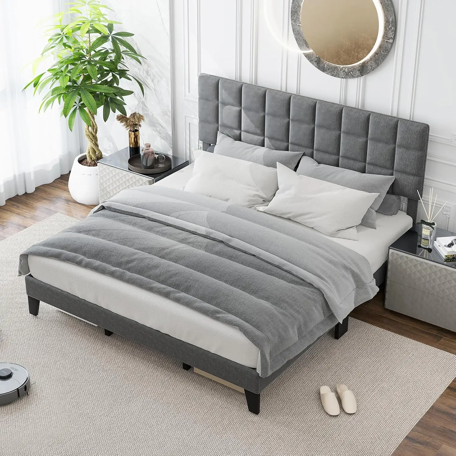 King Platform Bed Frame Adjustable Headboard, Linen Upholstered Wooden Slat Support Mattress Foundation, Customized