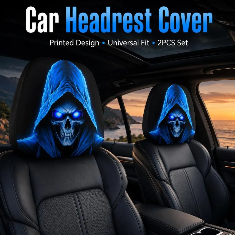 2 Stück Blau Leuchtende Totenkopf-Autokopfstützenbezüge, Horror-Sensenmann Universelle Elastische Auto-Kopfstützenschoner