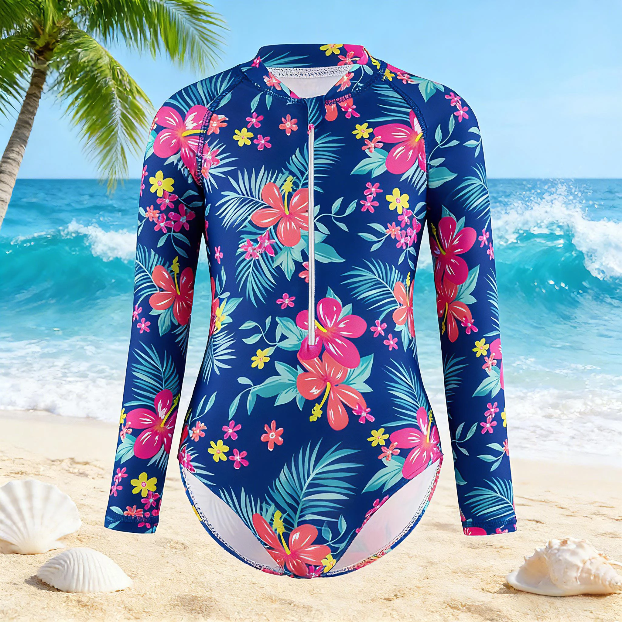 

Girls Tropical Hibiscus Floral Long Sleeve Swimsuit Zipper Front Quick Dry Bathing Suit for Beach Pool Vacation